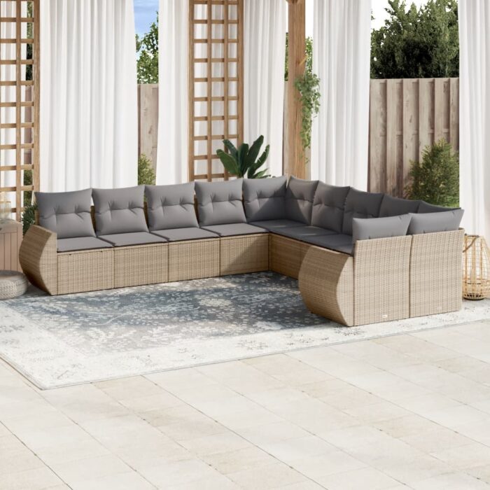 Salon de jardin avec coussins 10 pcs beige résine tressée – Image 1