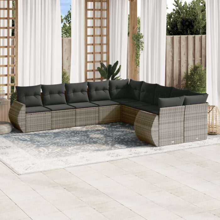 Salon de jardin avec coussins 10 pcs gris résine tressée – Image 1