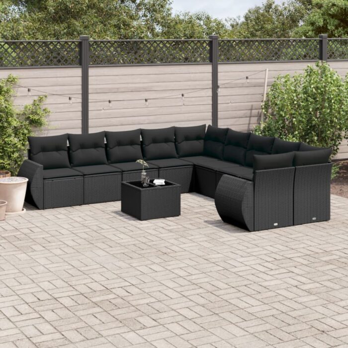 Salon de jardin 11 pcs avec coussins noir résine tressée – Image 1