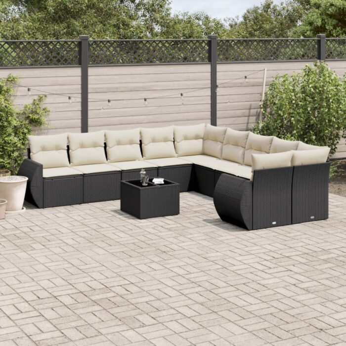 Salon de jardin 11 pcs avec coussins noir résine tressée – Image 1