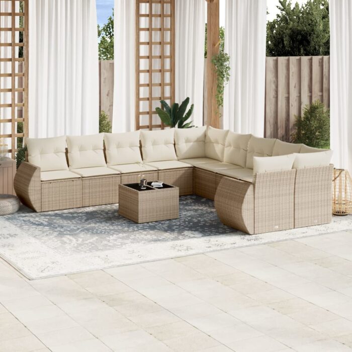 Salon de jardin 11 pcs avec coussins beige résine tressée – Image 1