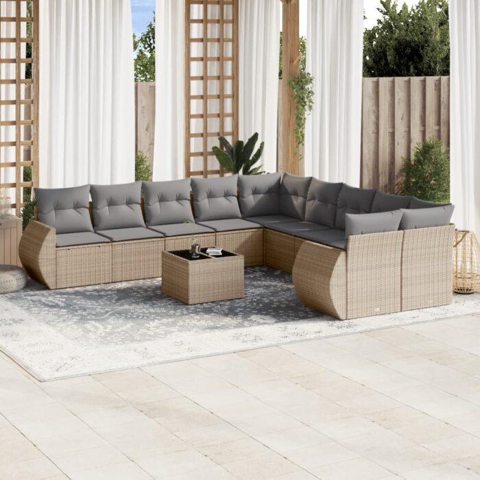 Salon de jardin 11 pcs avec coussins beige résine tressée – Image 1