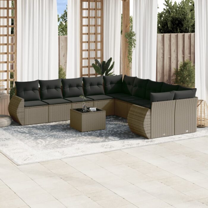 Salon de jardin 11 pcs avec coussins gris clair résine tressée – Image 1