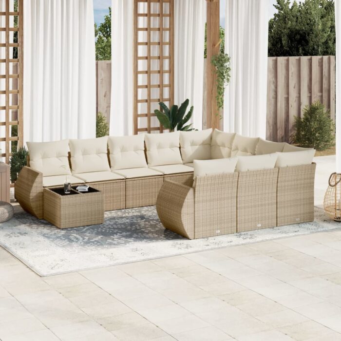 Salon de jardin 11 pcs avec coussins beige résine tressée – Image 1