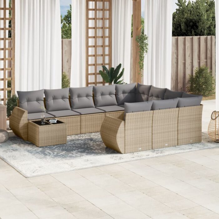 Salon de jardin 11 pcs avec coussins beige résine tressée – Image 1