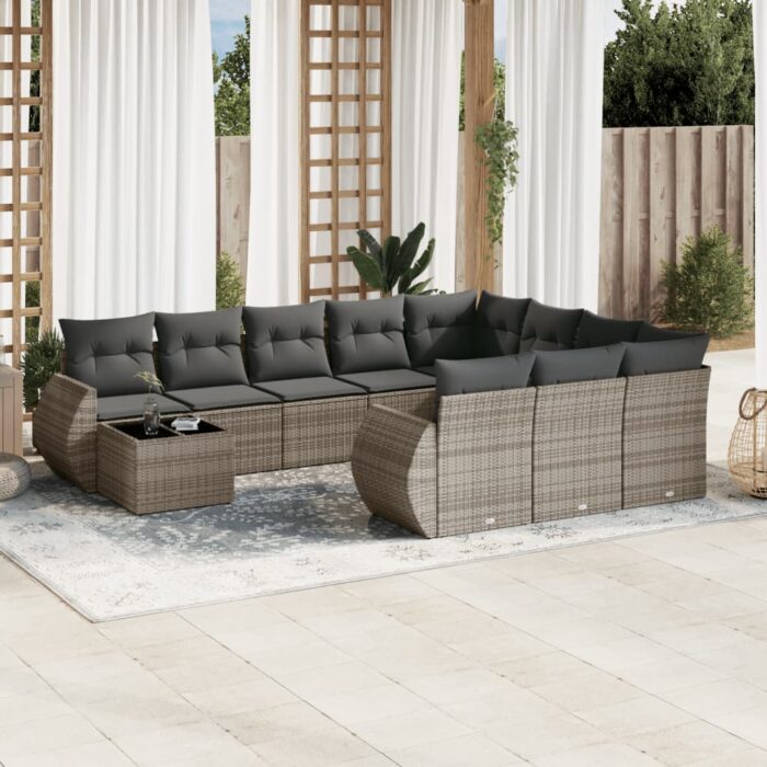 Salon de jardin 11 pcs avec coussins gris résine tressée – Image 1
