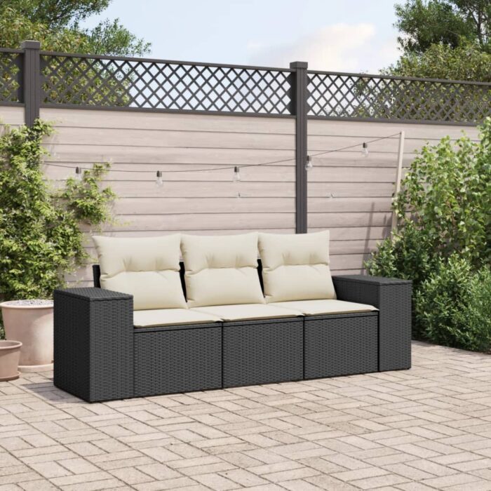 Salon de jardin 3 pcs avec coussins noir résine tressée – Image 1