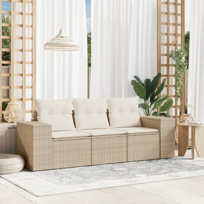 Salon de jardin avec coussins 3 pcs beige résine tressée – Image 1