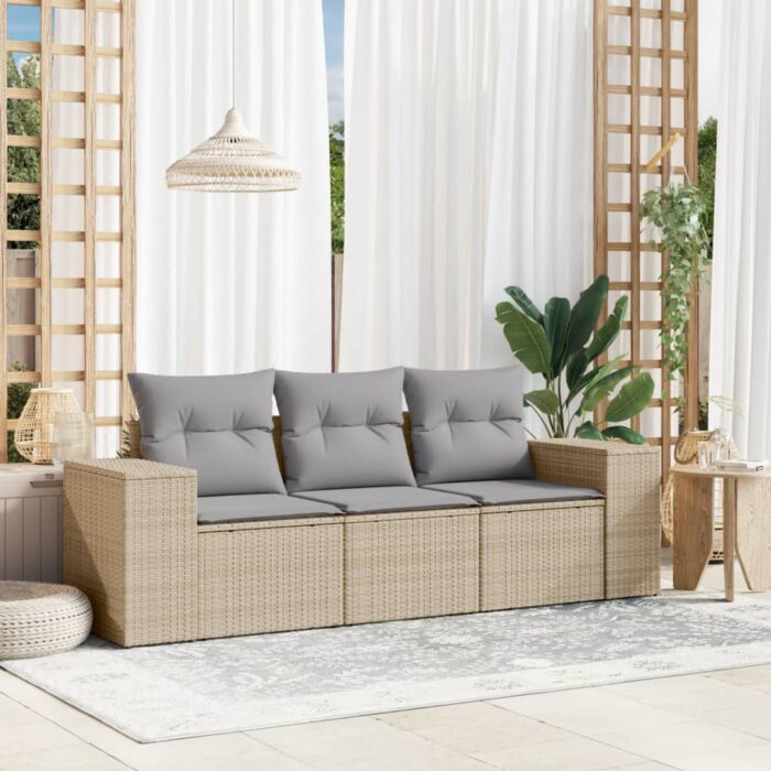 Salon de jardin avec coussins 3 pcs beige résine tressée – Image 1