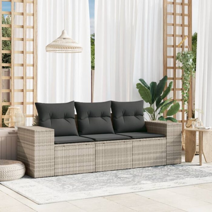 Salon de jardin avec coussins 3 pcs gris clair résine tressée – Image 1