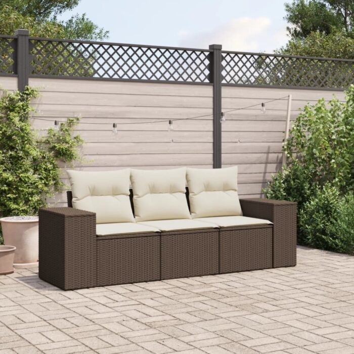 Salon de jardin avec coussins 3 pcs marron résine tressée – Image 1