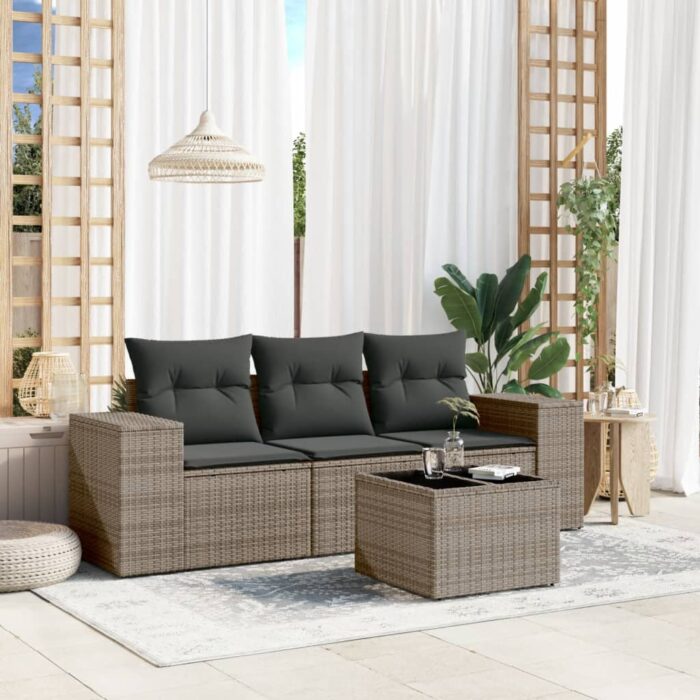 Salon de jardin 4 pcs avec coussins gris résine tressée – Image 1