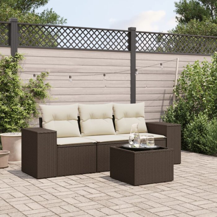 Salon de jardin 4 pcs avec coussins marron résine tressée – Image 1