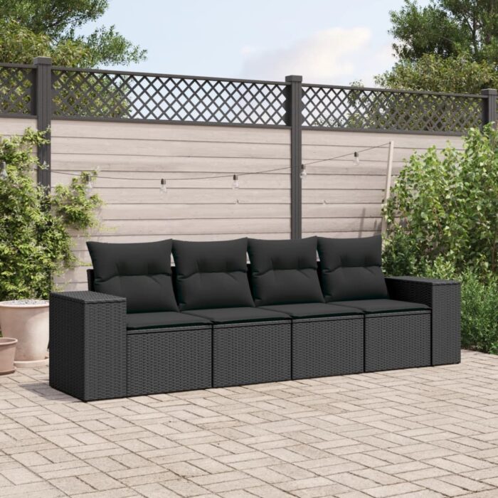 Salon de jardin 4 pcs avec coussins noir résine tressée – Image 1