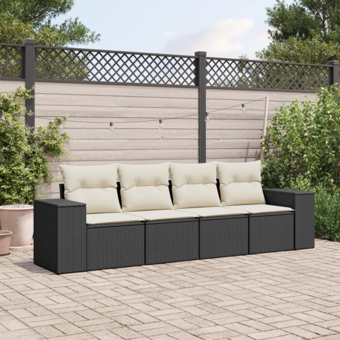 Salon de jardin 4 pcs avec coussins noir résine tressée – Image 1
