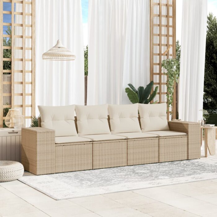 Salon de jardin avec coussins 4 pcs beige résine tressée – Image 1