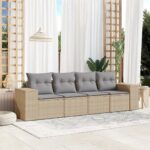 Salon de jardin avec coussins 4 pcs beige résine tressée