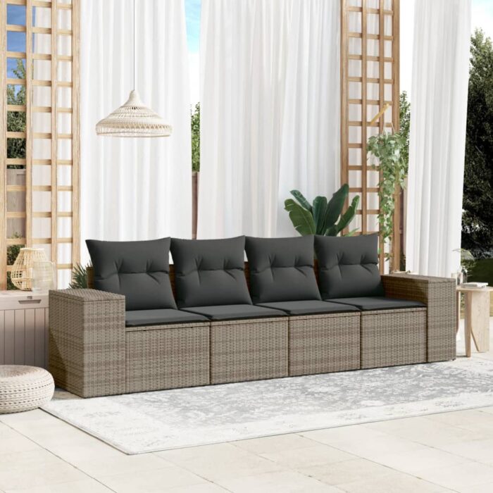 Salon de jardin 4 pcs avec coussins gris résine tressée – Image 1