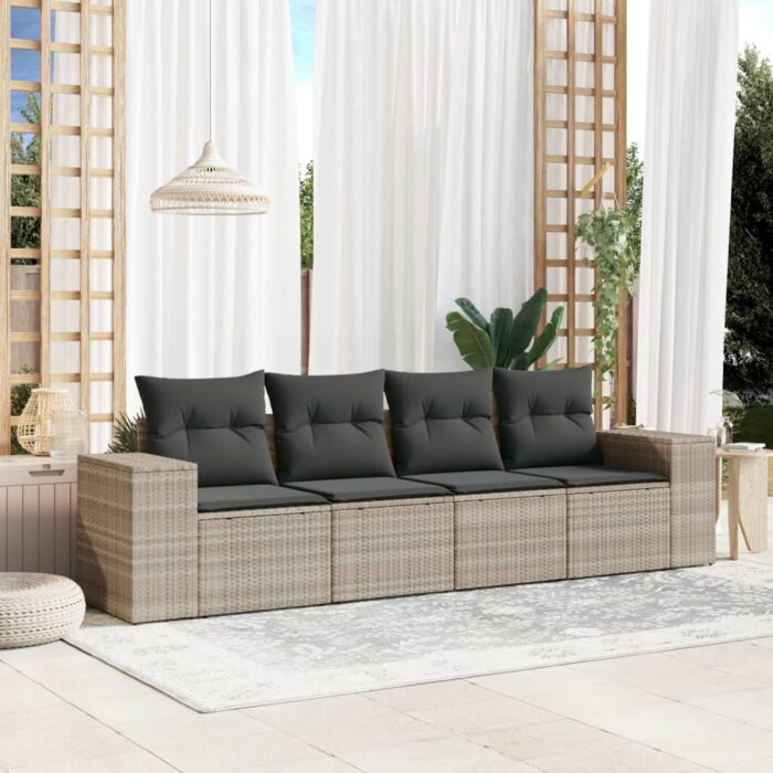 Salon de jardin 4 pcs avec coussins gris clair résine tressée – Image 1