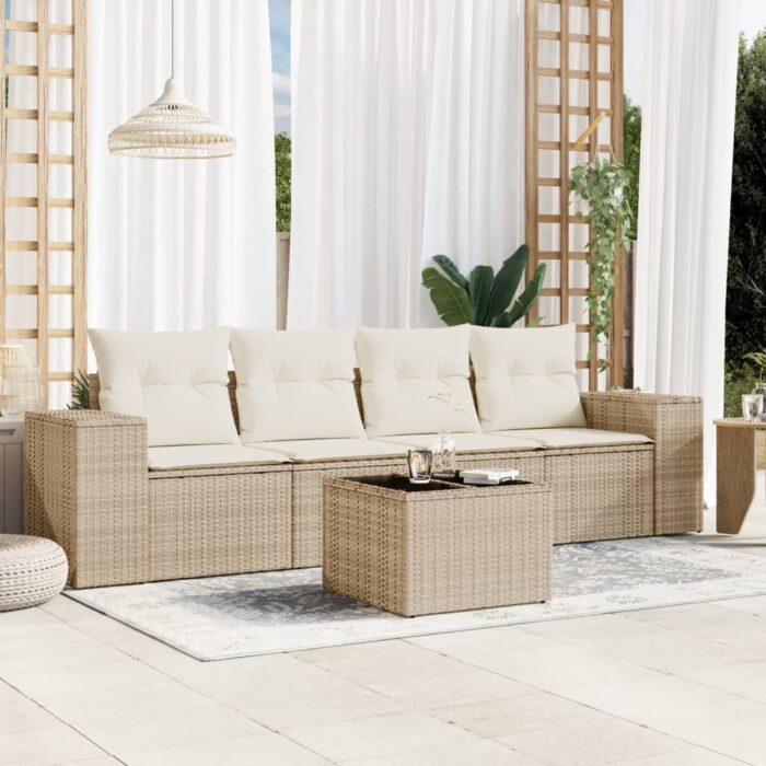 Salon de jardin avec coussins 5 pcs beige résine tressée – Image 1