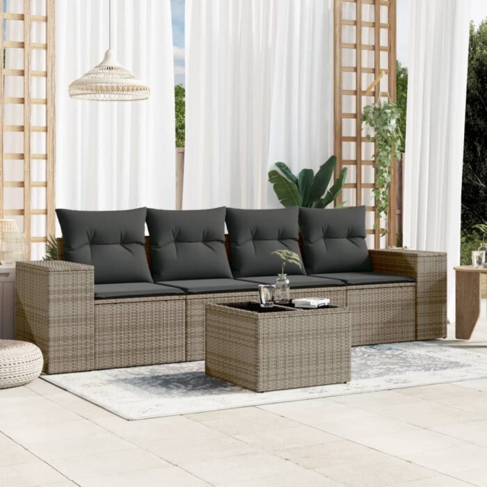 Salon de jardin 5 pcs avec coussins gris résine tressée – Image 1