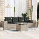 Salon de jardin 5 pcs avec coussins gris clair résine tressée