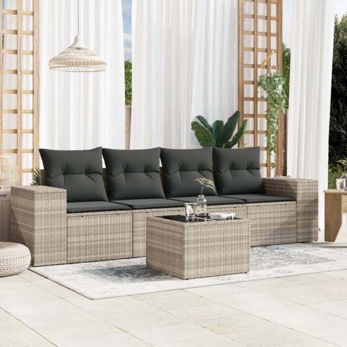 Salon de jardin 5 pcs avec coussins gris clair résine tressée – Image 1