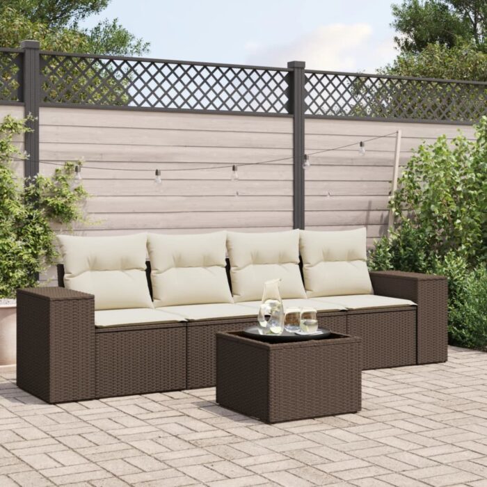 Salon de jardin avec coussins 5 pcs marron résine tressée – Image 1