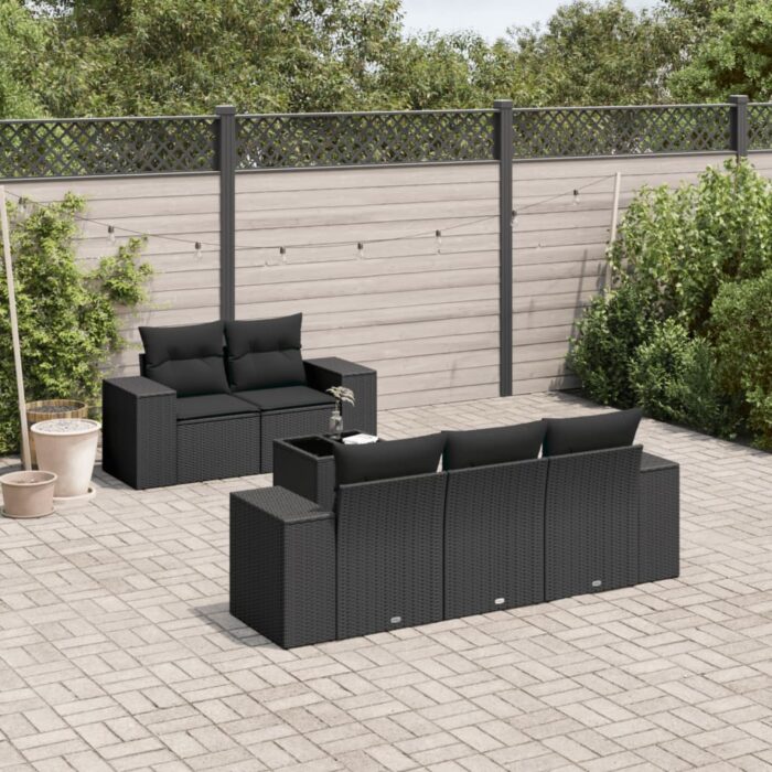 Salon de jardin 6 pcs avec coussins noir résine tressée – Image 1