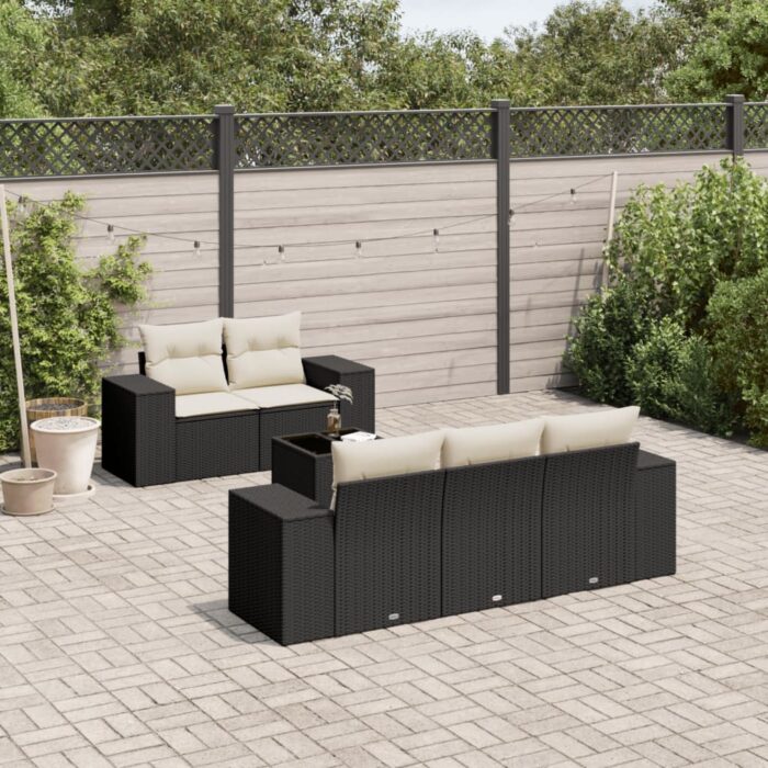 Salon de jardin 6 pcs avec coussins noir résine tressée – Image 1