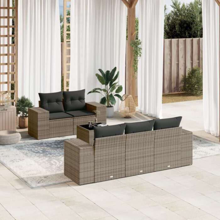 Salon de jardin 6 pcs avec coussins gris résine tressée – Image 1