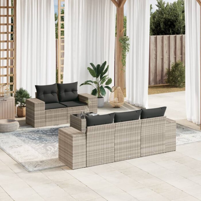 Salon de jardin 6 pcs avec coussins gris clair résine tressée – Image 1