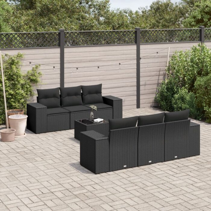 Salon de jardin 7 pcs avec coussins noir résine tressée – Image 1