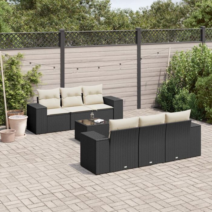 Salon de jardin 7 pcs avec coussins noir résine tressée – Image 1