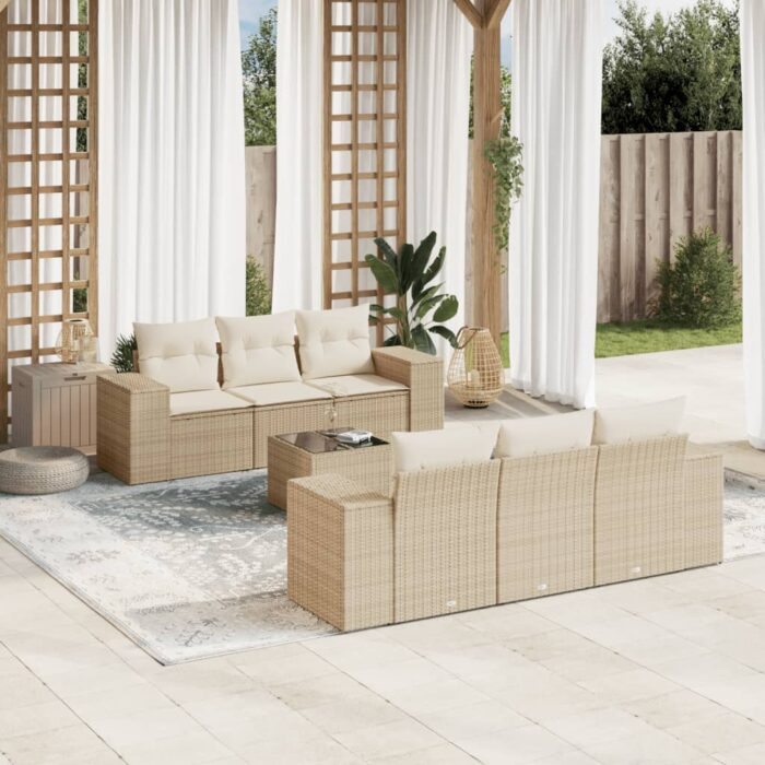 Salon de jardin avec coussins 7 pcs beige résine tressée – Image 1