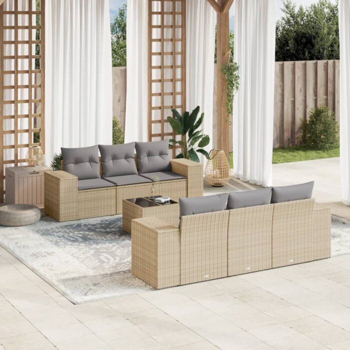 Salon de jardin avec coussins 7 pcs beige résine tressée – Image 1