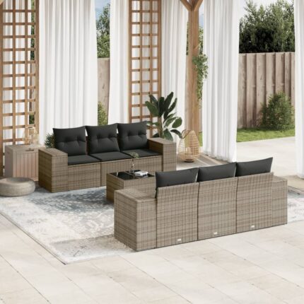 Salon de jardin avec coussins 7 pcs gris résine tressée