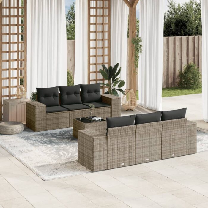 Salon de jardin avec coussins 7 pcs gris résine tressée – Image 1