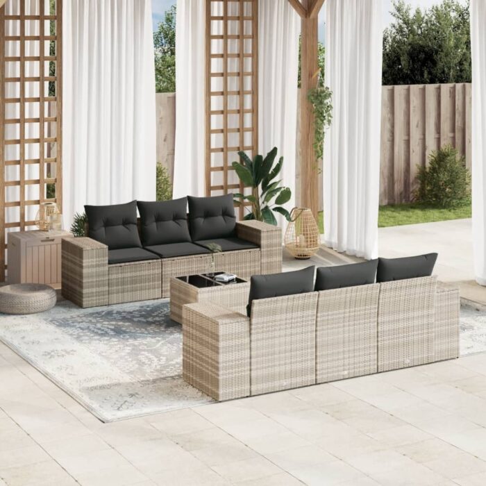 Salon de jardin avec coussins 7 pcs gris clair résine tressée – Image 1