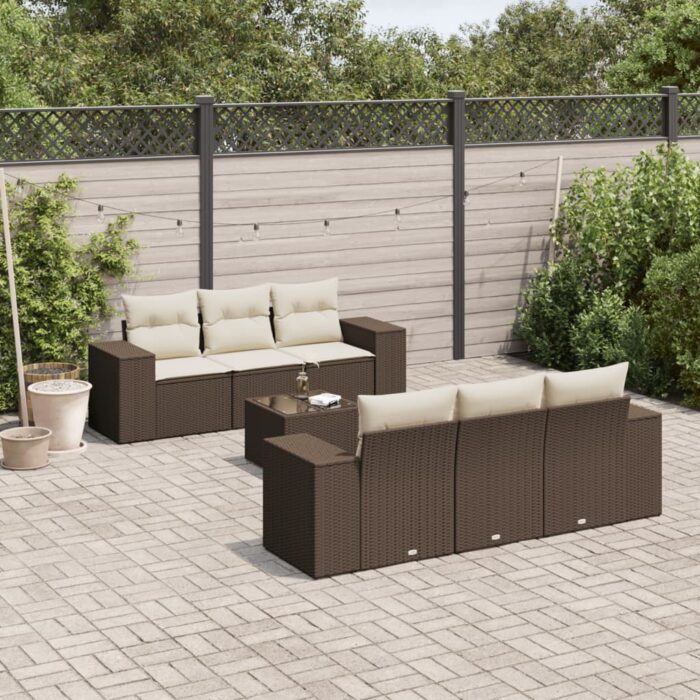 Salon de jardin avec coussins 7 pcs marron résine tressée – Image 1