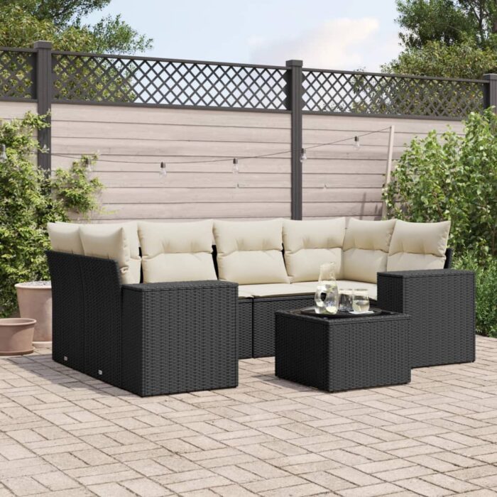 Salon de jardin 7 pcs avec coussins noir résine tressée – Image 1