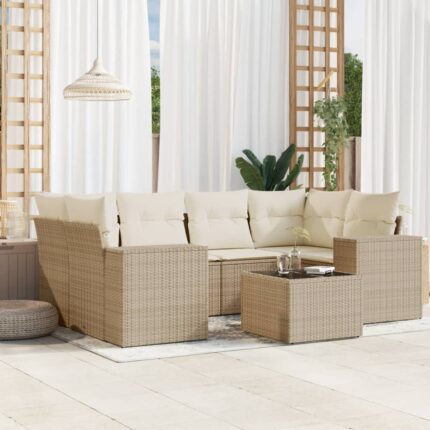 Salon de jardin avec coussins 7 pcs beige résine tressée