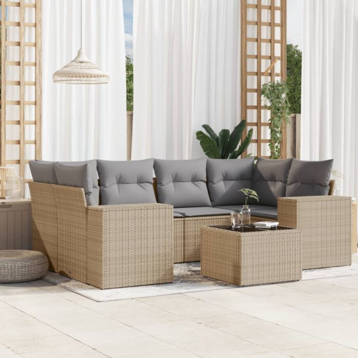 Salon de jardin avec coussins 7 pcs beige résine tressée – Image 1
