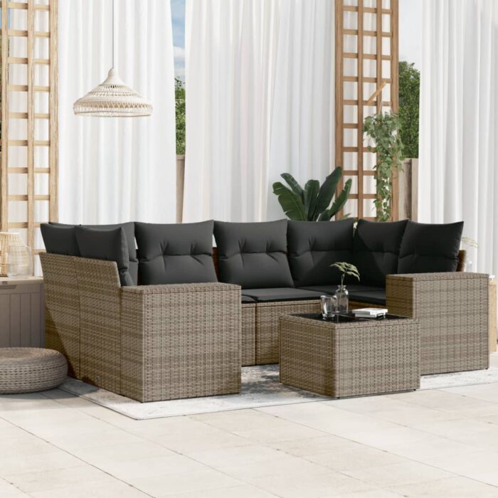 Salon de jardin avec coussins 7 pcs gris résine tressée – Image 1