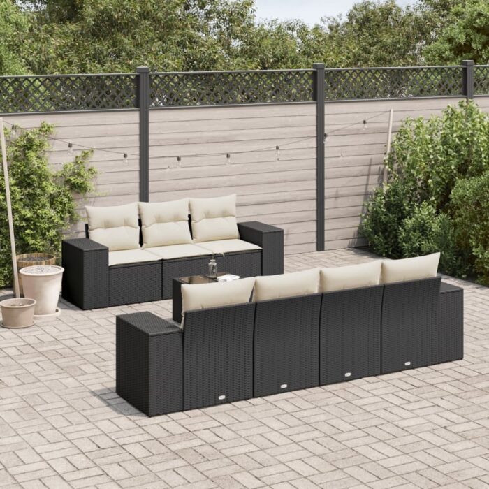 Salon de jardin 8 pcs avec coussins noir résine tressée – Image 1