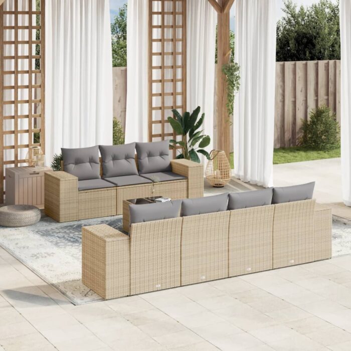 Salon de jardin avec coussins 8 pcs beige résine tressée – Image 1