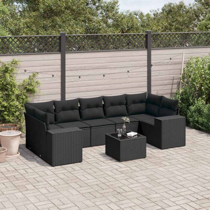Salon de jardin 8 pcs avec coussins noir résine tressée – Image 1