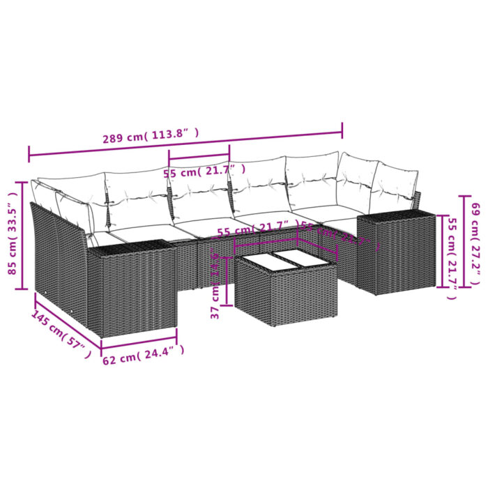 Salon de jardin 8 pcs avec coussins gris résine tressée – Image 6