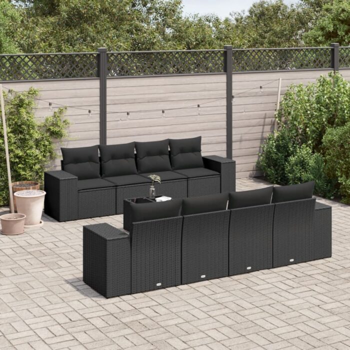 Salon de jardin 9 pcs avec coussins noir résine tressée – Image 1