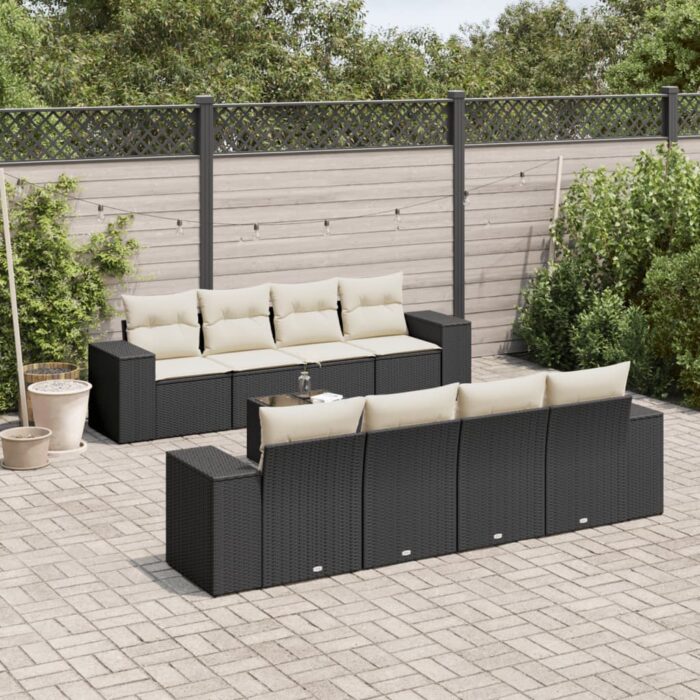 Salon de jardin 9 pcs avec coussins noir résine tressée – Image 1